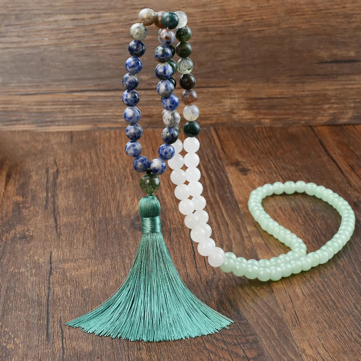 108 natural stone tassel necklace with gemstone pendant on long bead chain