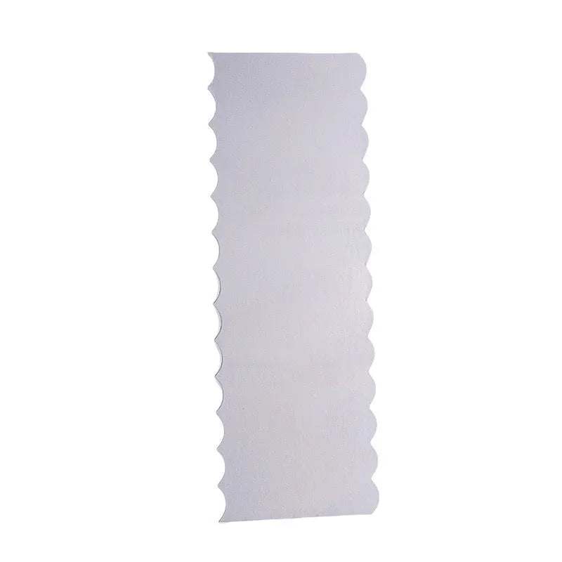 Stainless steel cream scraper cake decorating tool showing polygon patterns for textured cake finishes