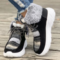 Women's beige lace-up snow boots with fuzzy suede upper and thick platform sole