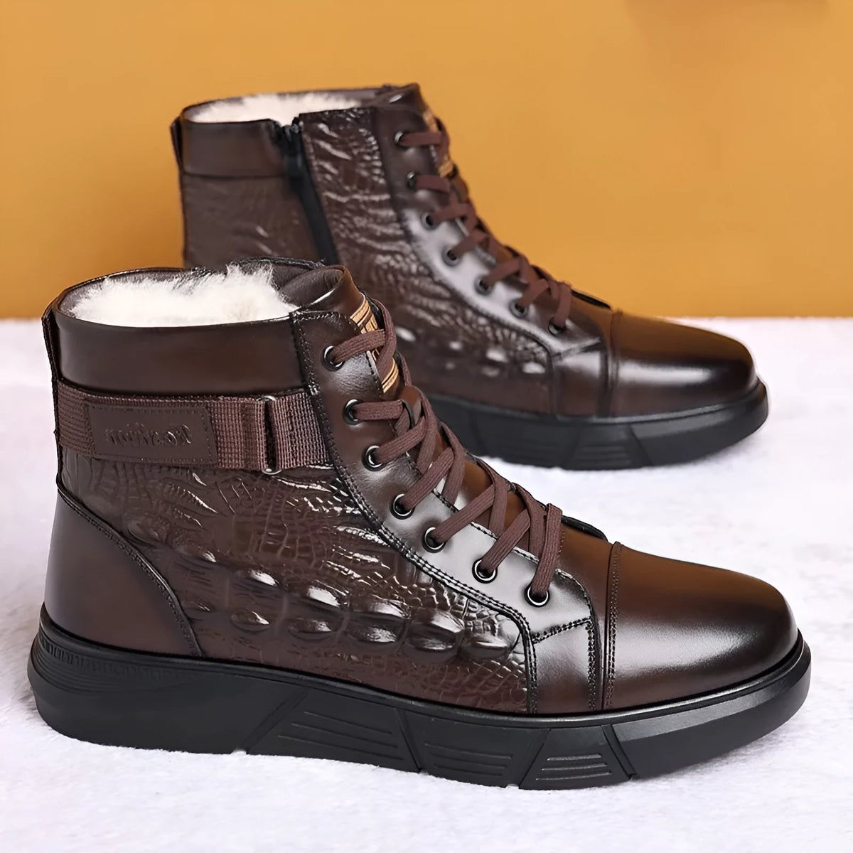 Women's black genuine leather snow boots with fur trim and lace-up front