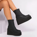 Plus-size women's wedge heel boots with waterproof platform in black leather