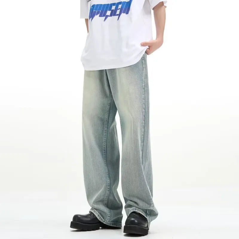 Blue loose-fit retro casual trousers made from rabbit fur fabric, shown on a hanger.