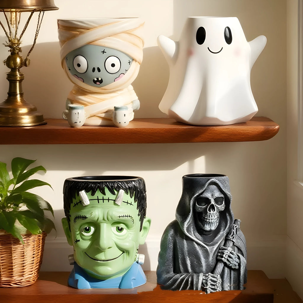 Halloween cartoon resin flower pot decoration with manual painting in four colour themes
