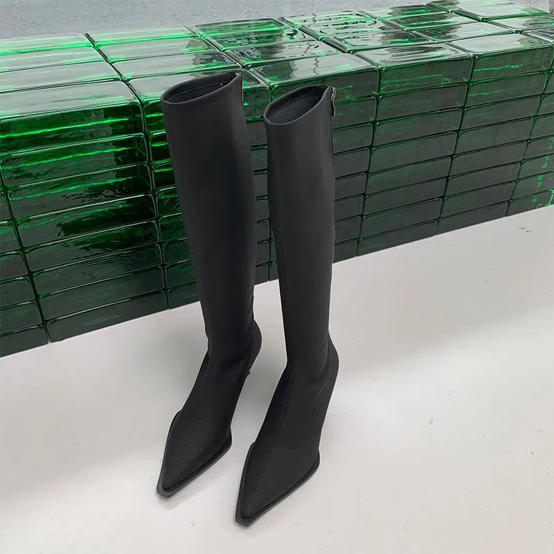 Women's black pointed toe below-knee boots with stiletto heel and back zipper