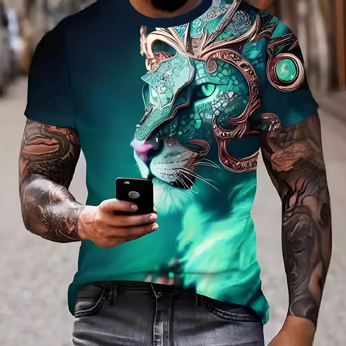 Men's grey T-shirt with raised 3D lion graphic print on front