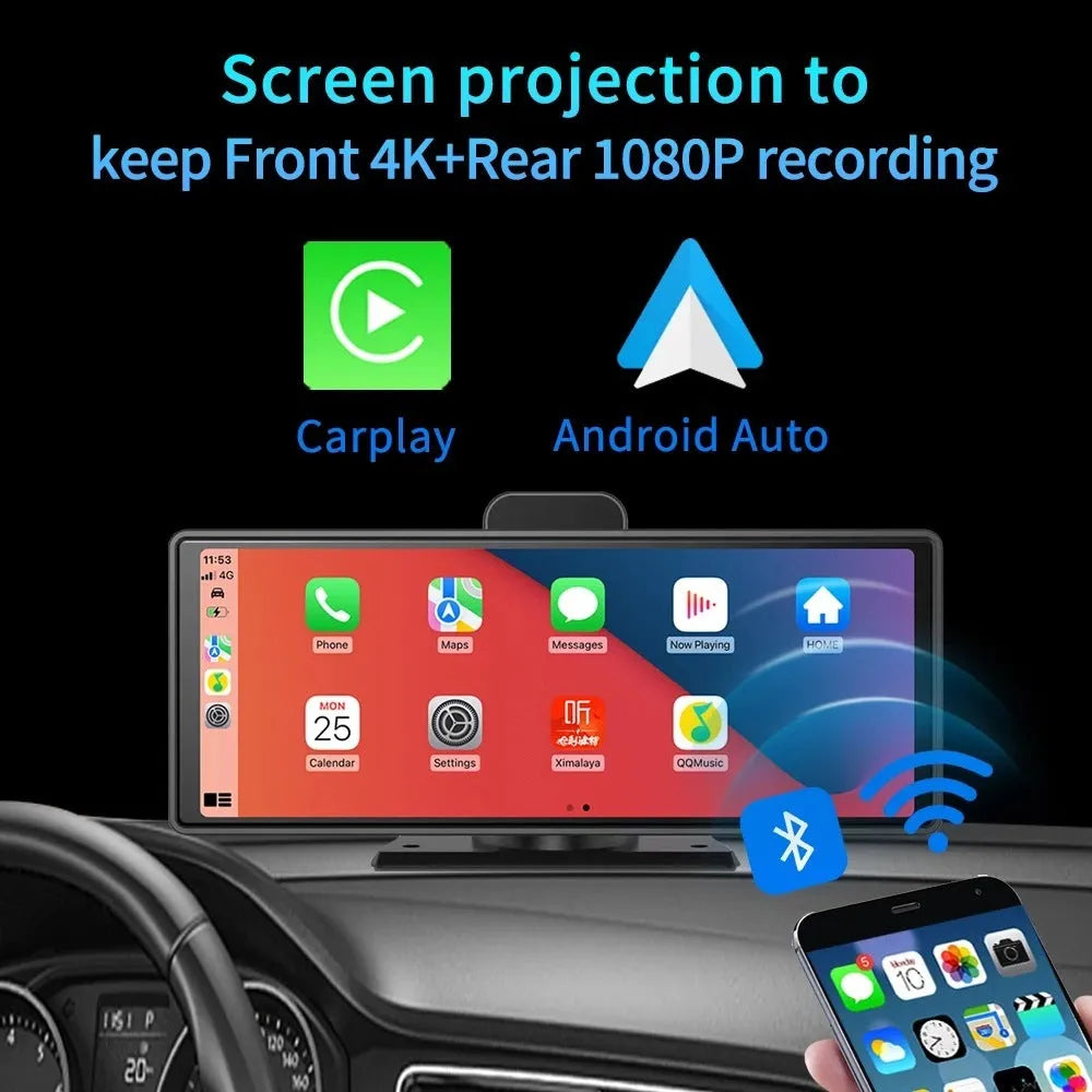 12-inch touchscreen car dash cam unit with front and rear camera recording on vehicle windscreen