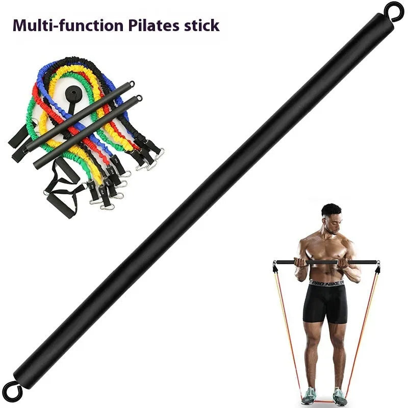 Two-segment push-and-pull fitness stick with attached rope next to its carrying bag.