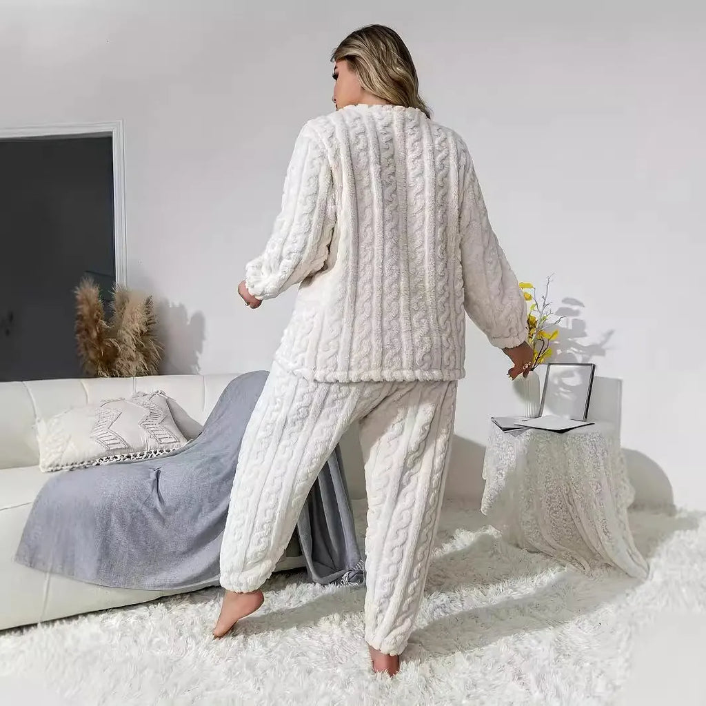 Women's creamy white polyester two-piece lounge set with crew neck top and trousers