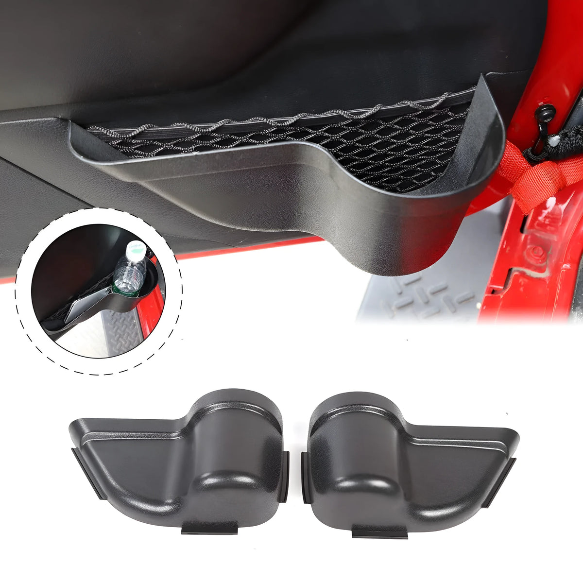 Black aluminium car interior net pocket storage box pair for vehicle organisation