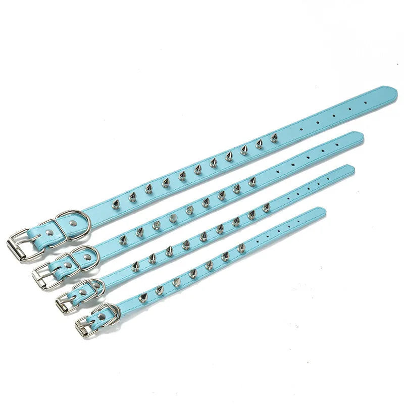 Studded dog collar in chosen colour with spiked metal details and alloy fastener on thickened PU leather.