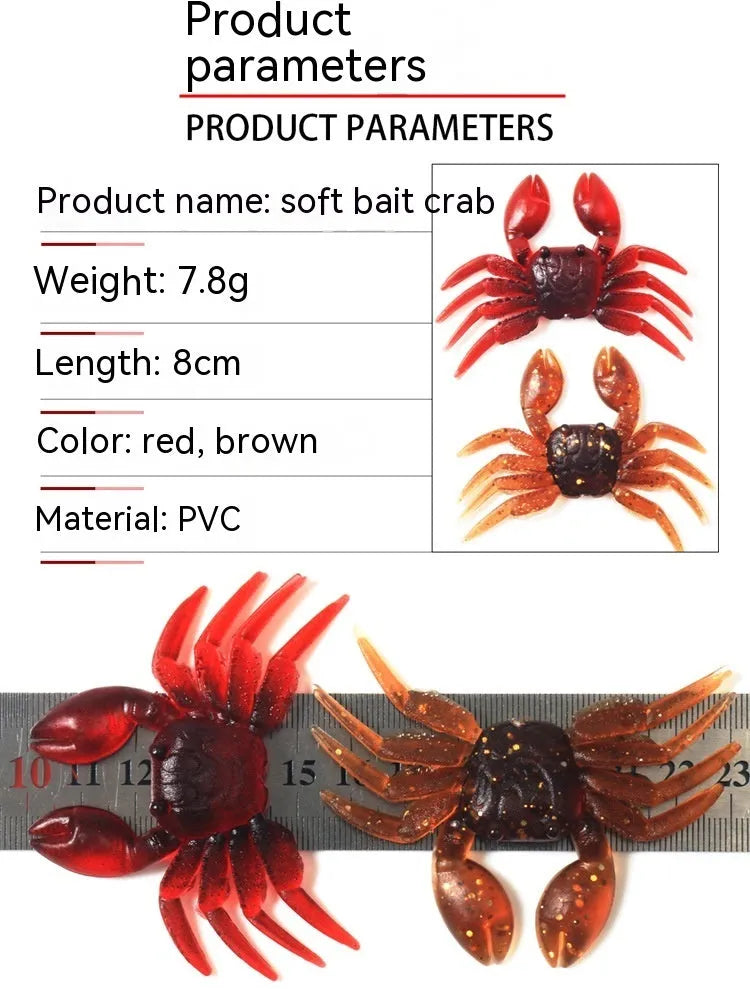 PVC software artificial crab fishing lure in red and brown colours, measuring 8cm in length.