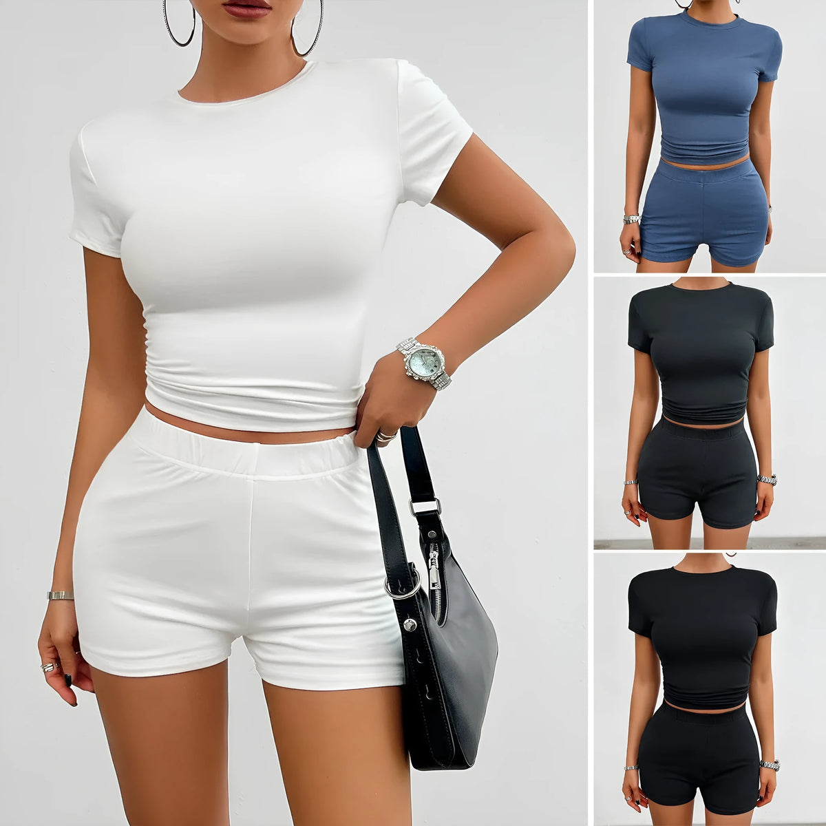 Women's solid colour viscose two-piece sports set with short-sleeve T-shirt and elastic shorts.