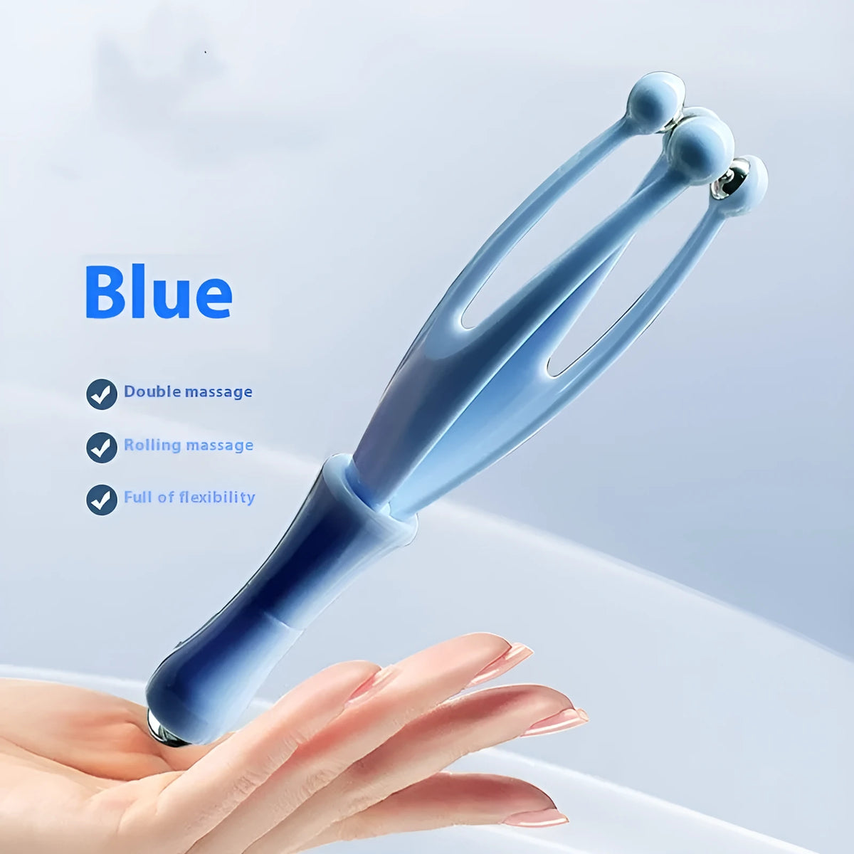 Blue and white PP plastic finger massager with electroplated steel ball rollers for hand joint therapy