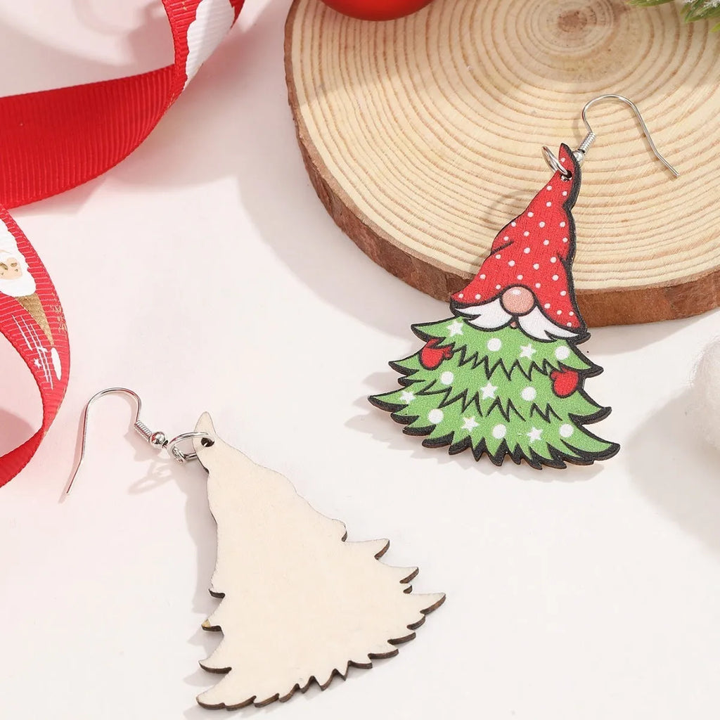 Wooden Christmas earrings with printed geometric Santa Claus designs in Christmas tree and water drop snowman styles