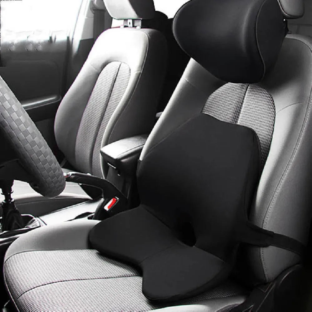 Memory foam car waist cushion for lumbar support shown in beige, black, coffee, and grey colours with optional headrest attachment.