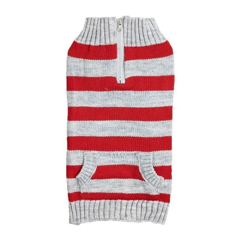 Grey dog sweater with horizontal zipper and button pocket for small to medium sized dogs