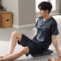 Men's loose blue ice silk short-sleeve pyjama shirt and shorts set for summer sleeping