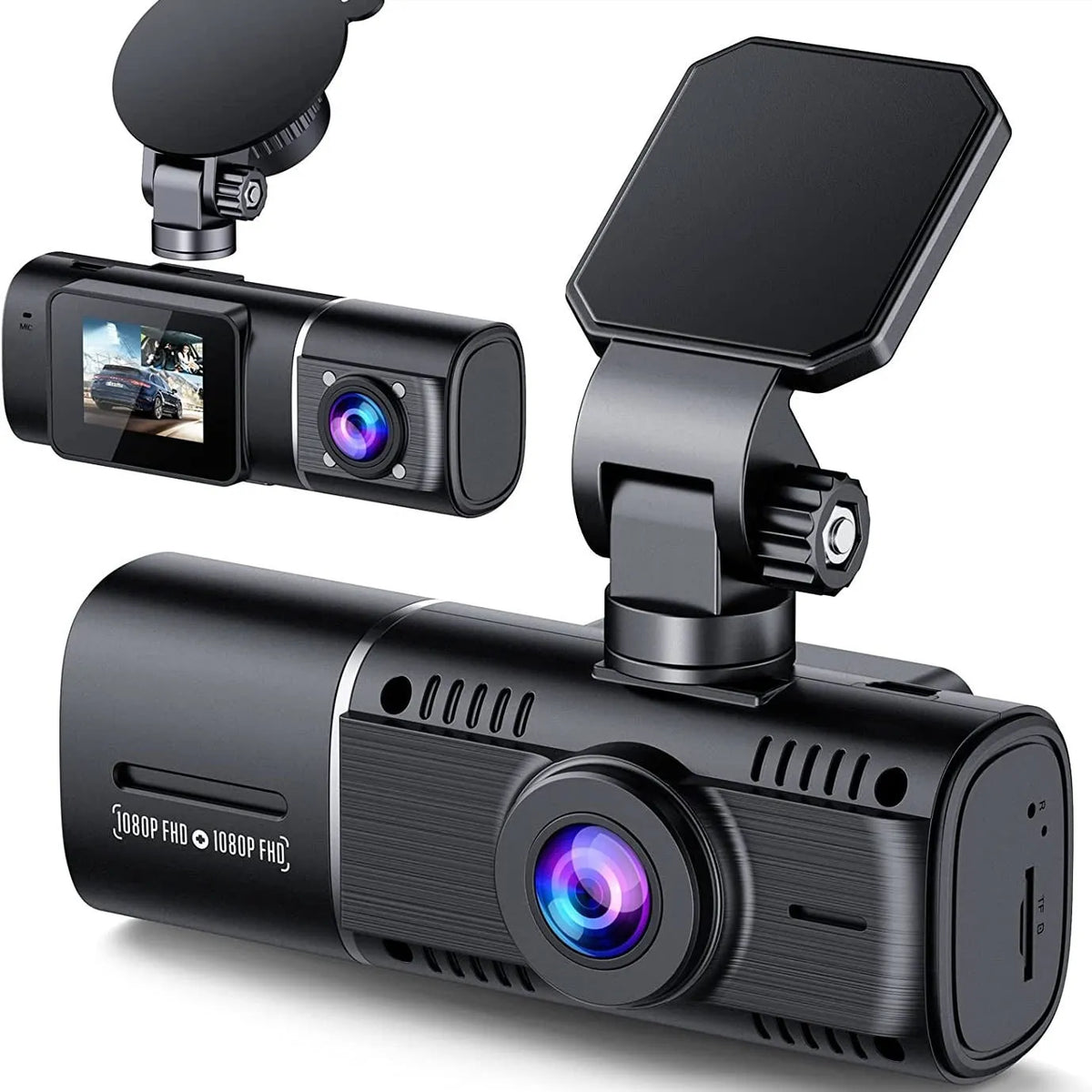 Standard black 1080p car dash camera with 1.5-inch screen, supplied with charger and stand.