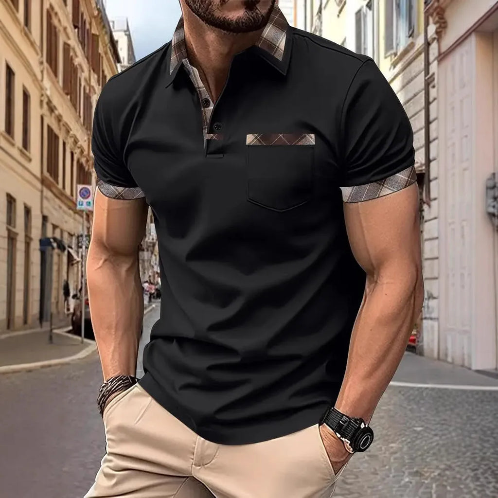 Men's loose fit plaid colourblock T-shirt with short sleeves and zipper decorations