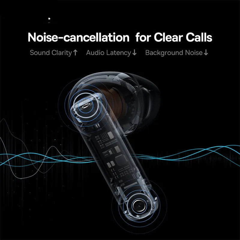 Active Noise Cancellation true wireless earbuds in Obsidian Black with a white charging case on a table.