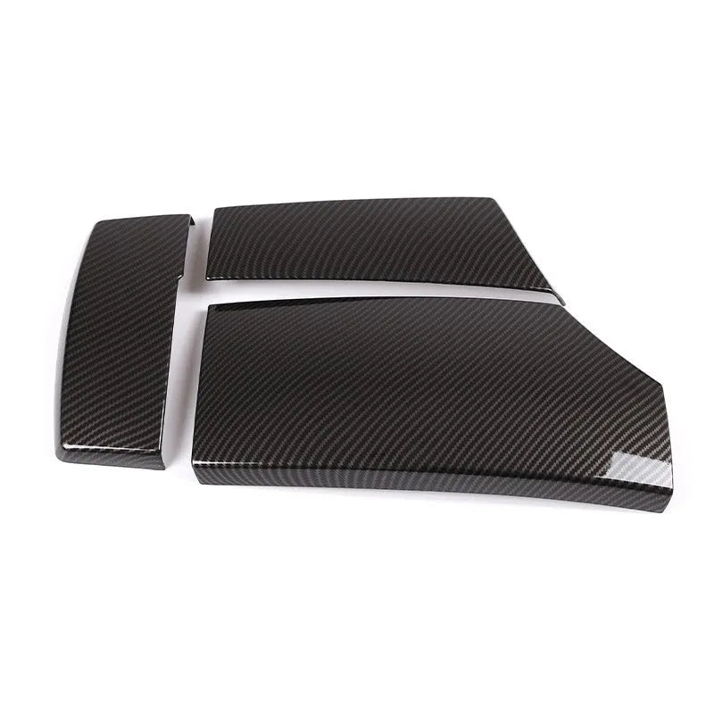 Set of three black ABS plastic car armrest box covers with a diagonal carbon fibre weave pattern.