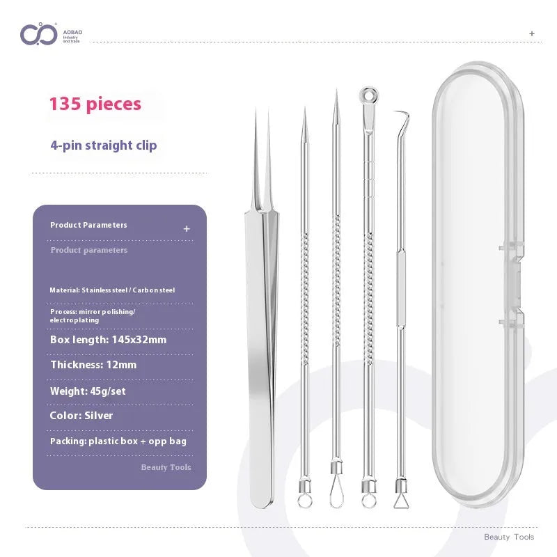 4-piece metal acne needle set with ultra-fine pointed clips on a silver background.