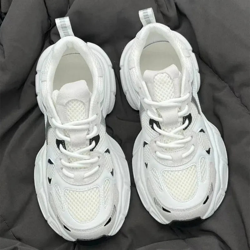 Beige Polar Wave mesh platform sneakers with a wedge heel and front lace-up on a rubber sole.