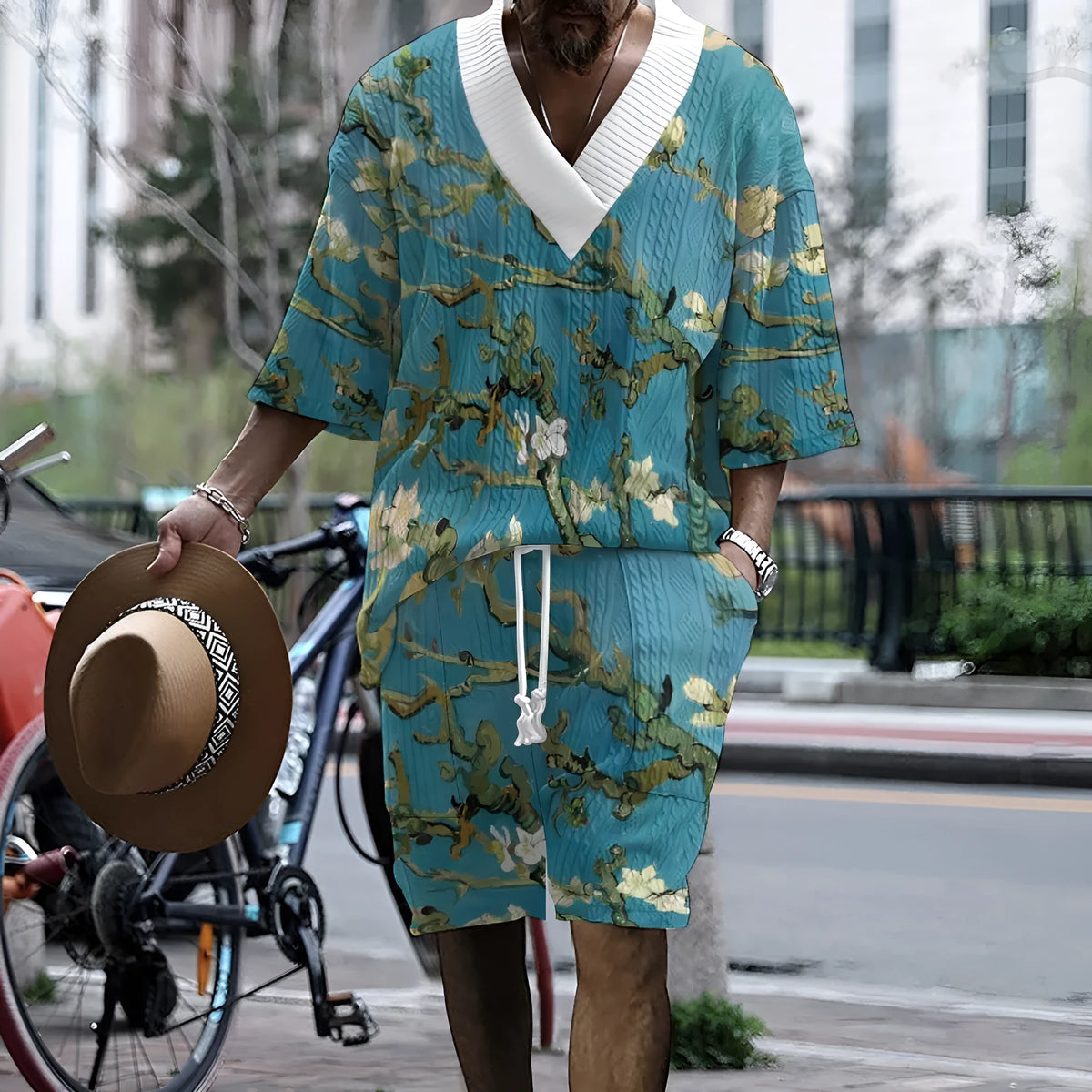Men's peacock blue 3D printed knitted shorts suit with mid-length trousers and t-shirt style jacket