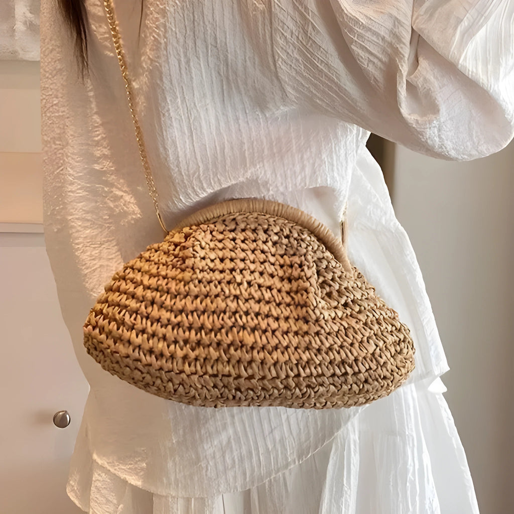 Women's straw shoulder bag with chain strap in khaki colour