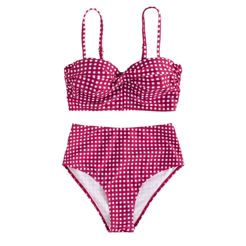 Women's plaid pattern bikini swimsuit with high-waist briefs and split cup top