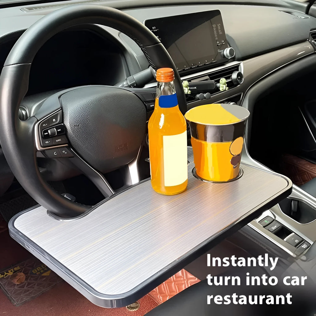 ABS plastic car steering wheel laptop stand with foldable drink holder in black finish
