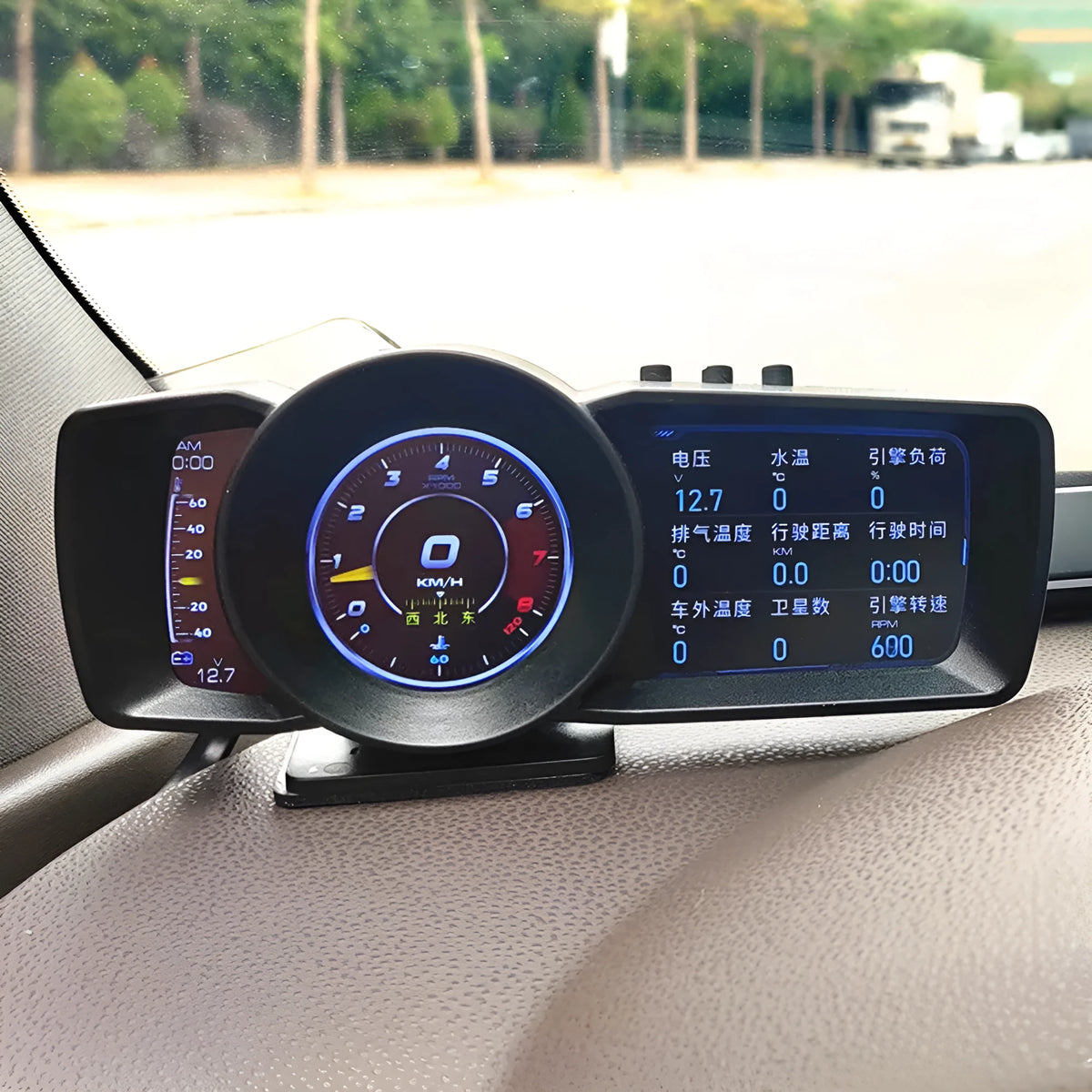 A600 car monitor with OBDII connection cable and dashboard mounting accessories