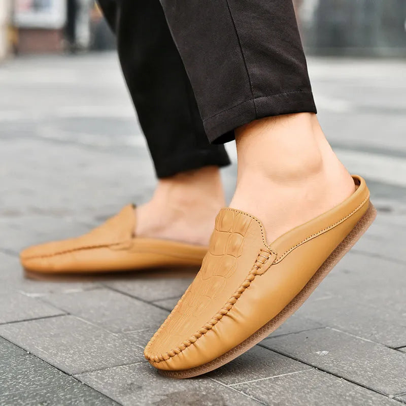 Men's black semi-slippers with a breathable artificial PU upper and a patterned rubber gommino sole.