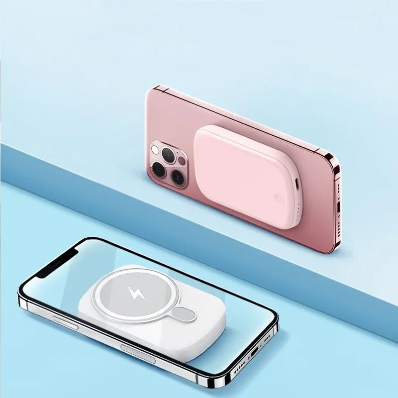 Magsafe magnetic power bank for iPhone wireless charging in black, pink, white, or purple.
