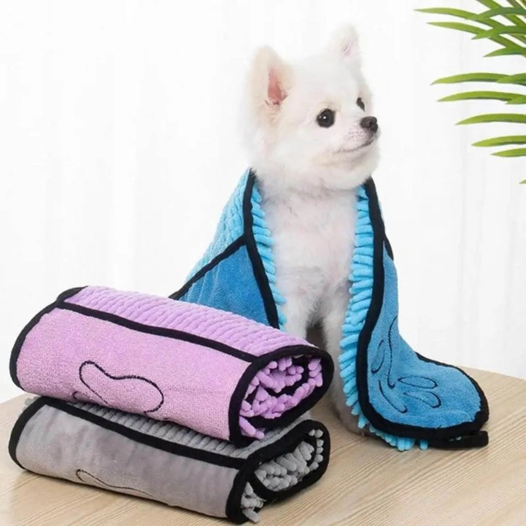 Blue dog bath robe towel measuring 62cm long with soft absorbent fibre construction