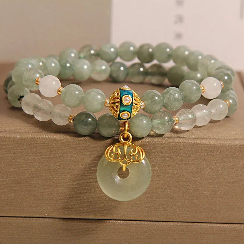 Double-layer women's bracelet with aventurine jade, crystal, rhinestones, and peace buckle in emerald green