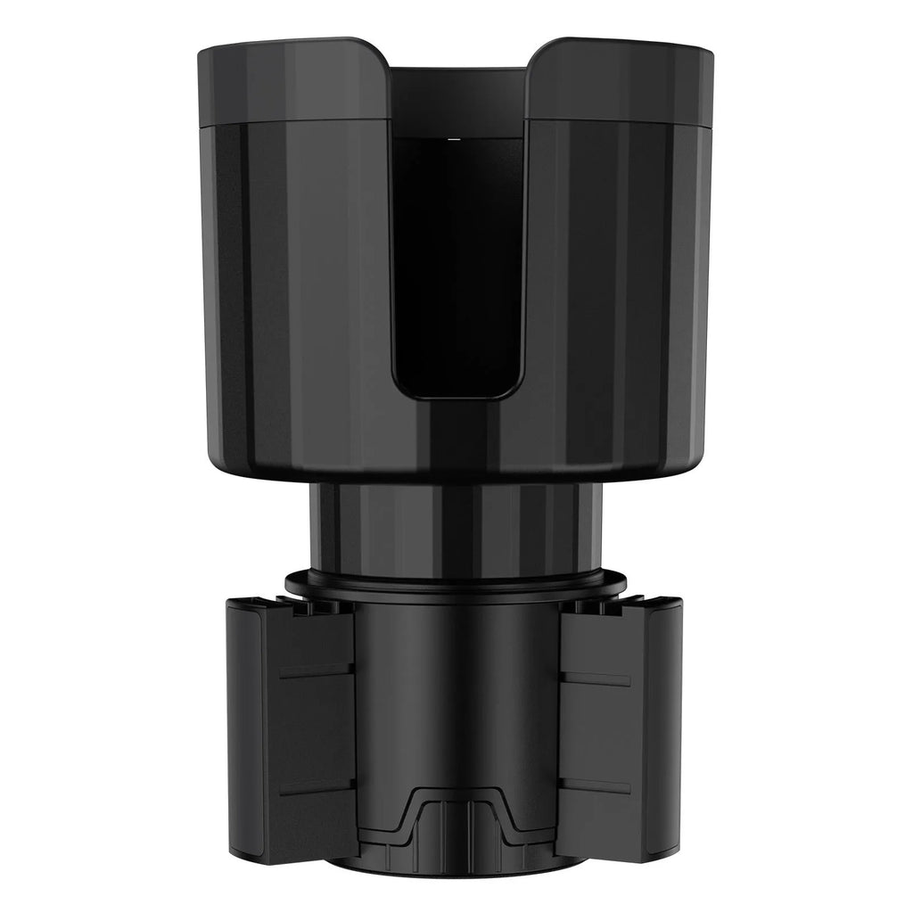 Matte black adjustable car cup holder expander for large bottles and travel mugs.