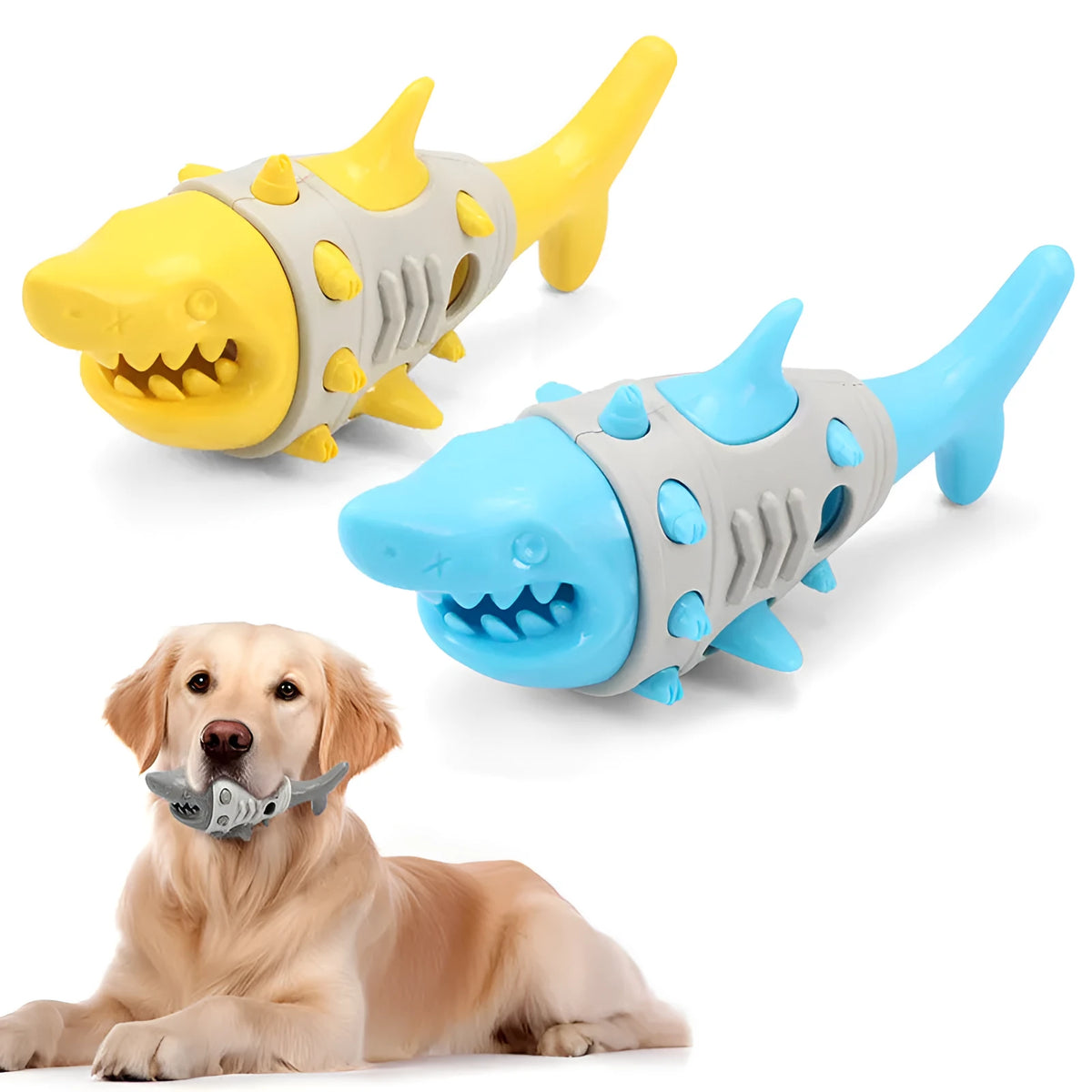 Blue shark-tooth textured dog teething toy with vent holes on rubber surface