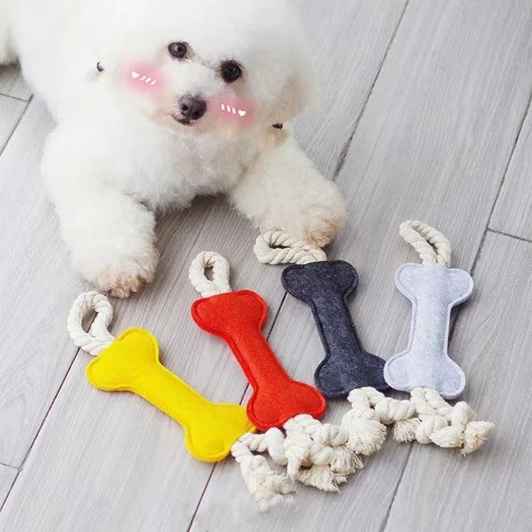 Bite-resistant felt bone dog toy with rope knots in blue colour