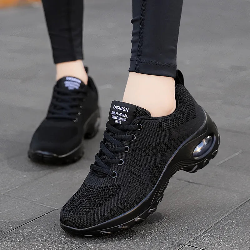 Women's red round toe mesh sneakers with front lace-up and 3-5cm mid heel for sports