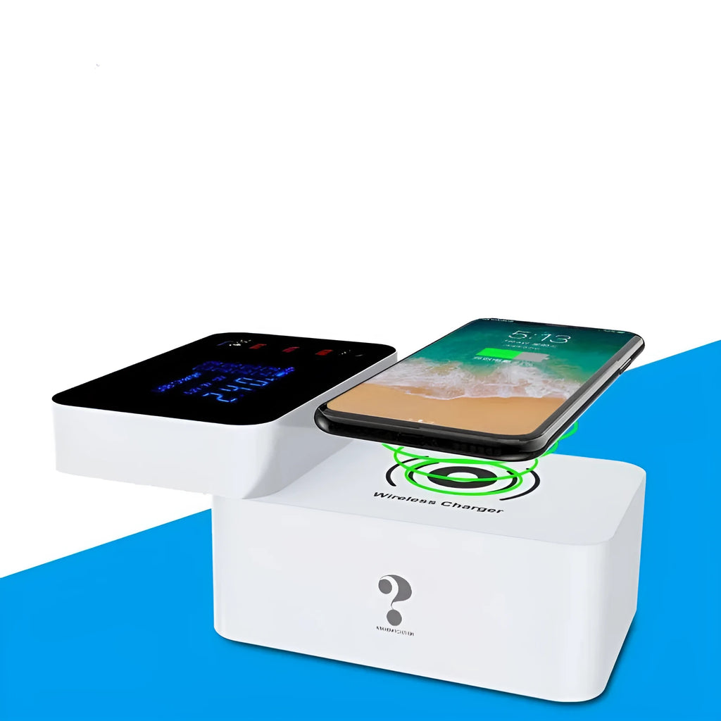 White multi USB port fast charger with built-in 10W wireless charging pad, plug adapters, and cable.