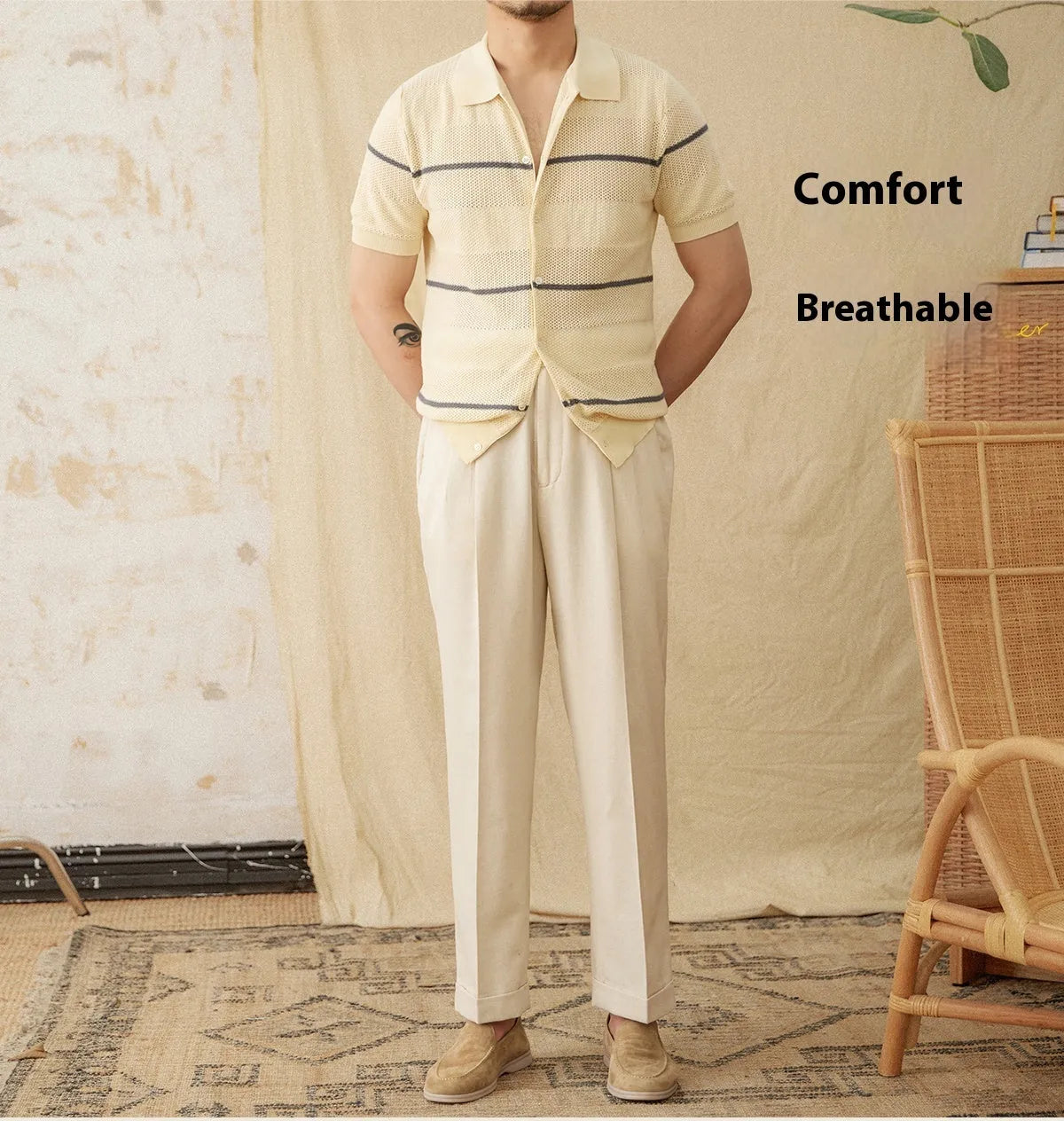 Camel coloured cotton linen blend short sleeve cardigan with lapel collar laid flat