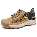 Men's hand-woven sandals with closed toe, elastic band, and rubber sole in light gray.