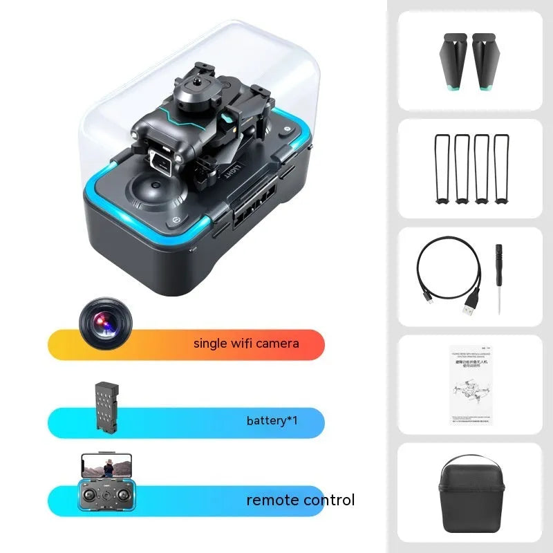 Black four-axis obstacle avoidance drone with optical flow hover and dual camera system measuring under 30cm