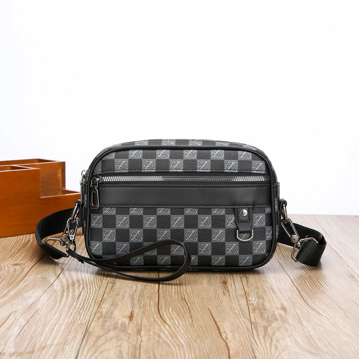Men's geometric pattern shoulder messenger bag in PU leather with large capacity and horizontal design