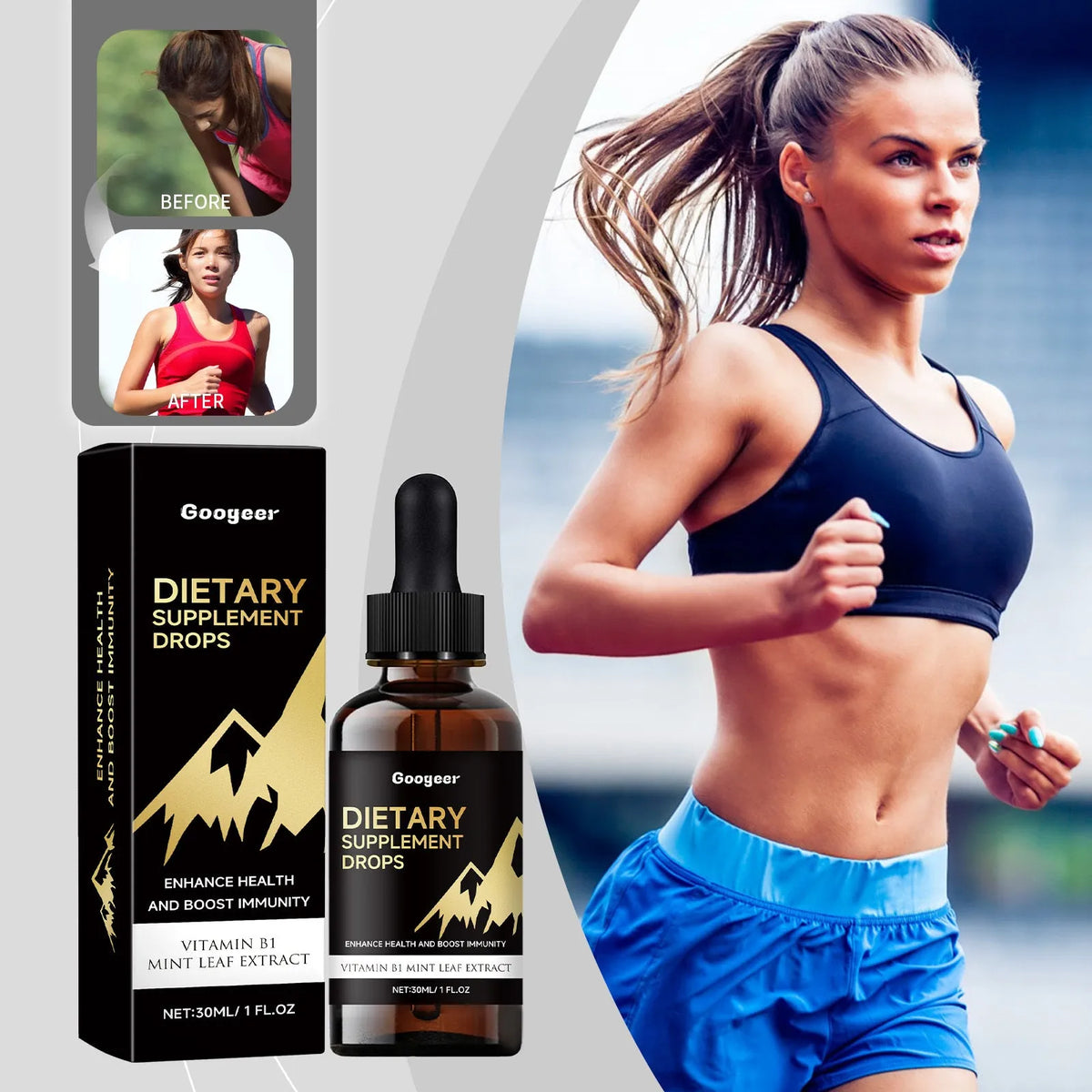 Glass bottle of amber liquid dietary supplement drops with a black rubber dropper top.