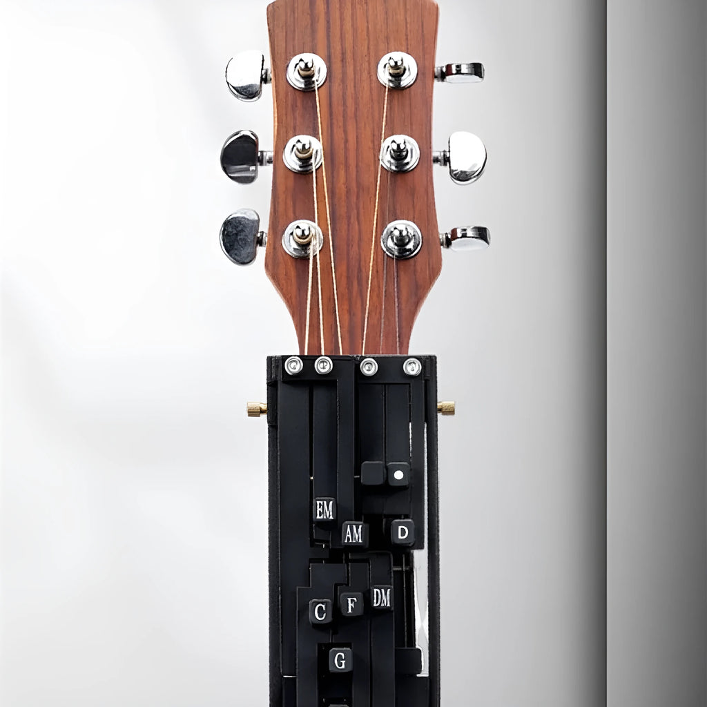 Black automatic guitar chord device for novice folk guitar playing and singing practice