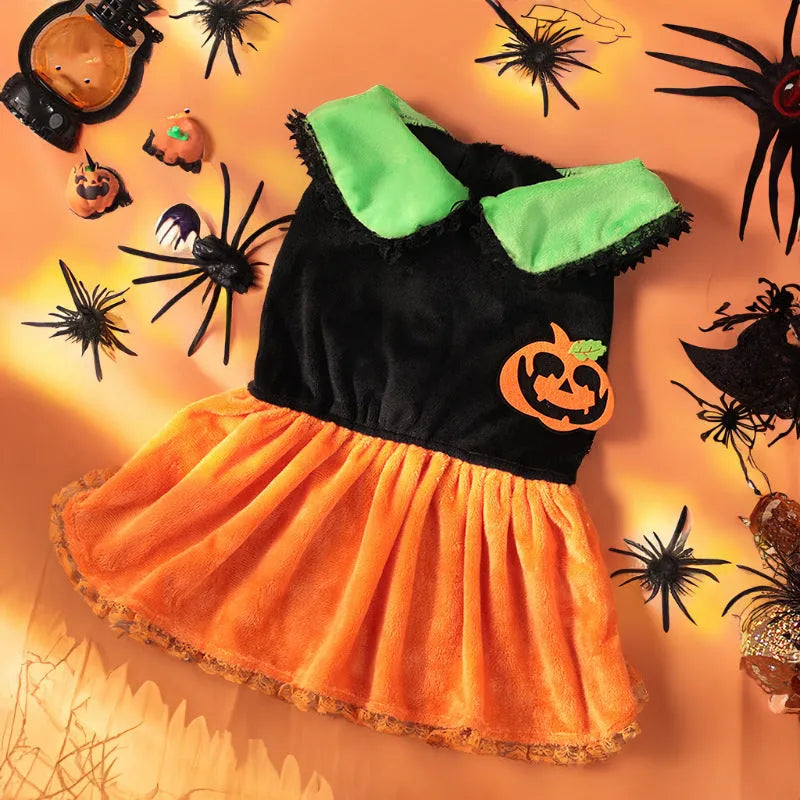 Halloween pet costume for dogs - pumpkin skirt and sweater options in crystal velvet fabric