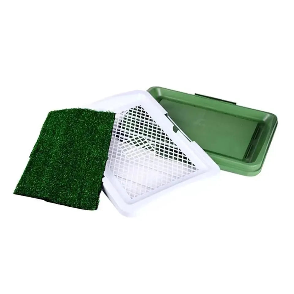 Green artificial turf dog toilet with plastic tray and mesh layer for indoor puppy training
