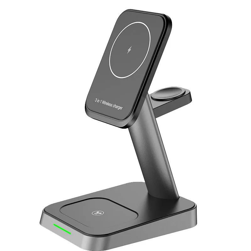 Black vertical wireless charging station with phone dock, watch cradle, and 10000mAh power bank